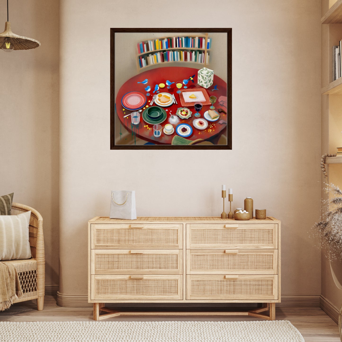 Literary Feast - Abstract Still Life with Birds. Fine Art Framed Canvas Print