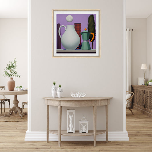 Moonlit Kitchen - Modern Still Life with Moka Pot, Framed Canvas